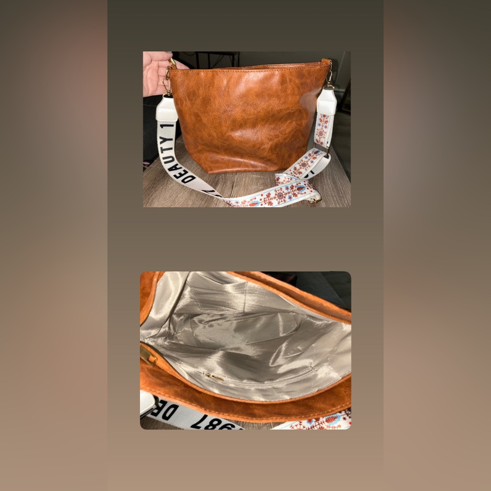 Brown Crossbody Bag with Patterned Strap